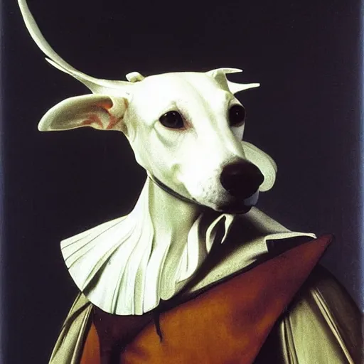 Prompt: anthropomorphic white greyhound dressed as a knight, painted by caravaggio