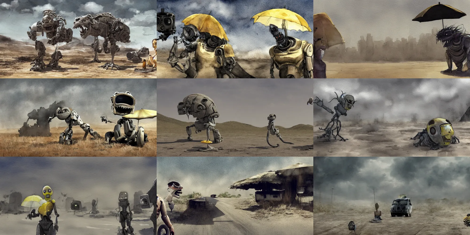 Prompt: incredible wide screenshot, simple watercolor, movie scene, side view sitting under a yellow striped parasol in deserted dusty shinjuku road, bright sun bleached ground ,scary chameleon face muscle robot monster lurks in the background, ghost mask, teeth, animatronic, black smoke, pale beige sky, junk tv, texture, strange, impossible, fur, spines, mouth, pipe brain, shell, brown mud, dust, bored expression, overhead wires, telephone pole, dusty, dry, pencil marks, shinjuku, katsuya terada, masamune shirow, tatsuyuki tanaka hd, 4k, remaster, dynamic camera angle, deep 3 point perspective, fish eye, dynamic scene