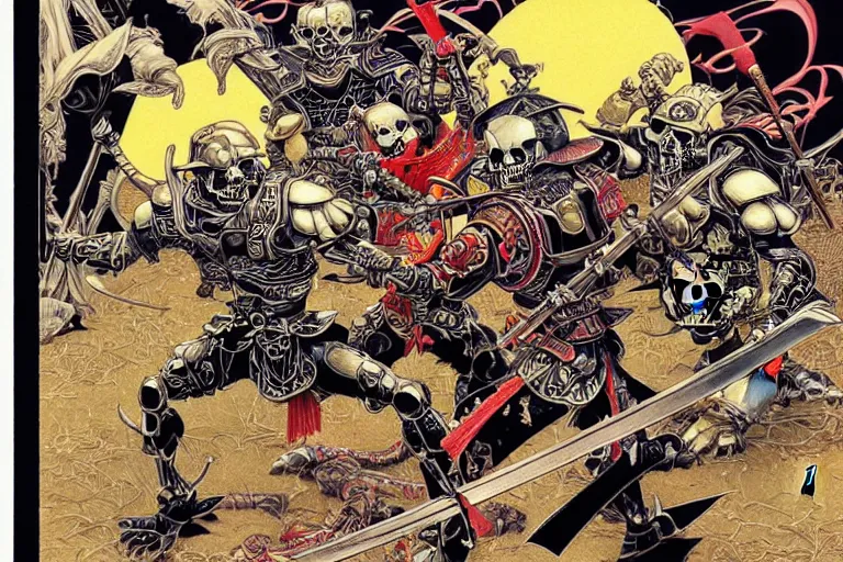 Image similar to portrait of two crazy skeletor samurais battle each other, with japanese armor and helmet, by yoichi hatakenaka, masamune shirow, josan gonzales and dan mumford, ayami kojima, takato yamamoto, barclay shaw, karol bak, yukito kishiro
