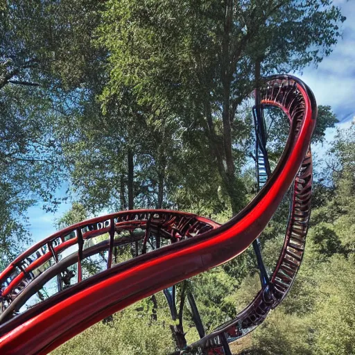 Prompt: go pro still of a rollercoaster with a mangled track up ahead