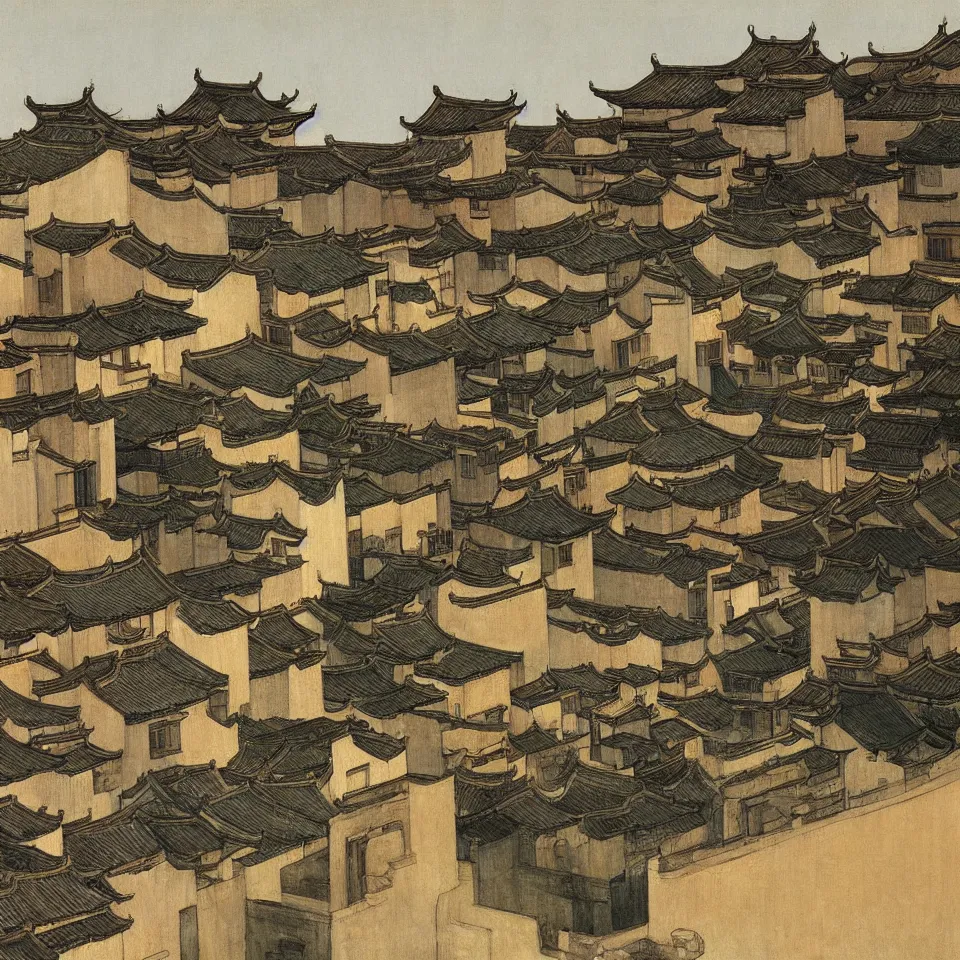 Image similar to a painting of hongcun ancient village houses by edward hopper and james jean