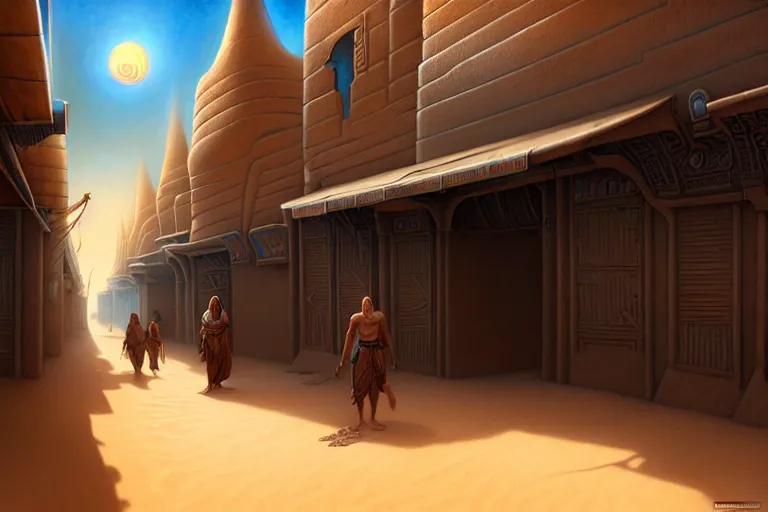 Prompt: a highly detailed bazaar street in the dune city of tyr from the land of athas, amazing dark sun digital painting, by gerald brom, brom digital art, intricate details, ultra realistic, beautiful art, volumetric lighting, warm colors advance cool colors recede, by brom, trending cgsociety, artstation, rim lighting, 8 k