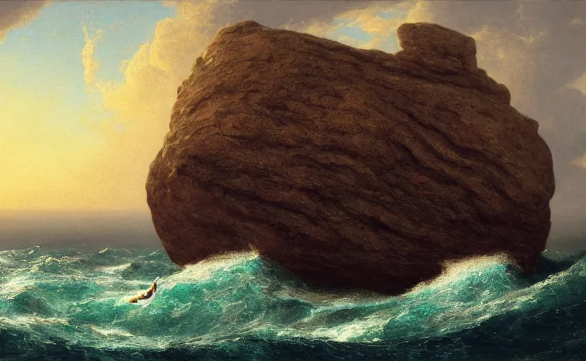 Image similar to large rock in the middle of the ocean, large waves, close up shot, rocky, at dusk, 4k, rule of thirds, extreme detail, hazy, intricate ink illustration, surreal, surrealist, trending on artstation, cgsociety, hd, complimentary colours, realistic lighting, by Albert Bierstadt, Frederic Edwin Church.