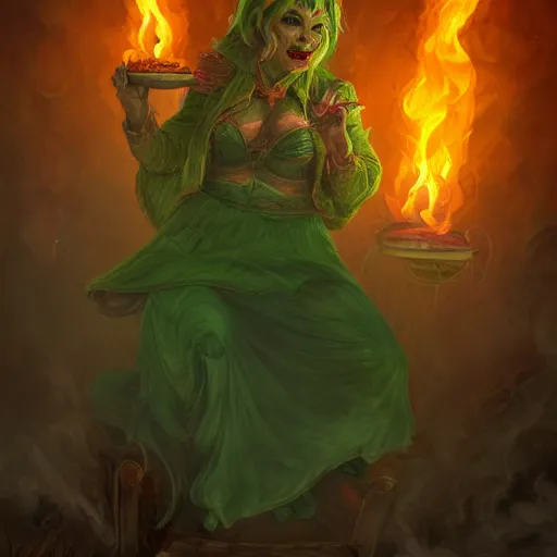 Prompt: wide shot of an old fire witch brewing in the style of flooko, detailed, fire, smoke, realism, realistic, hyper detailed, green lighting, ambient lighting, smoke, haze,