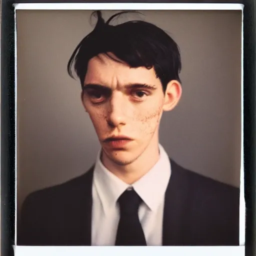 Image similar to a professional polaroid portrait fine art photo of a young adult man with an asymmetrical face with his eyes closed. the man has black hair, light freckled skin and a look of confusion on his face. extremely high fidelity. key light. in the style of gilbert & george.