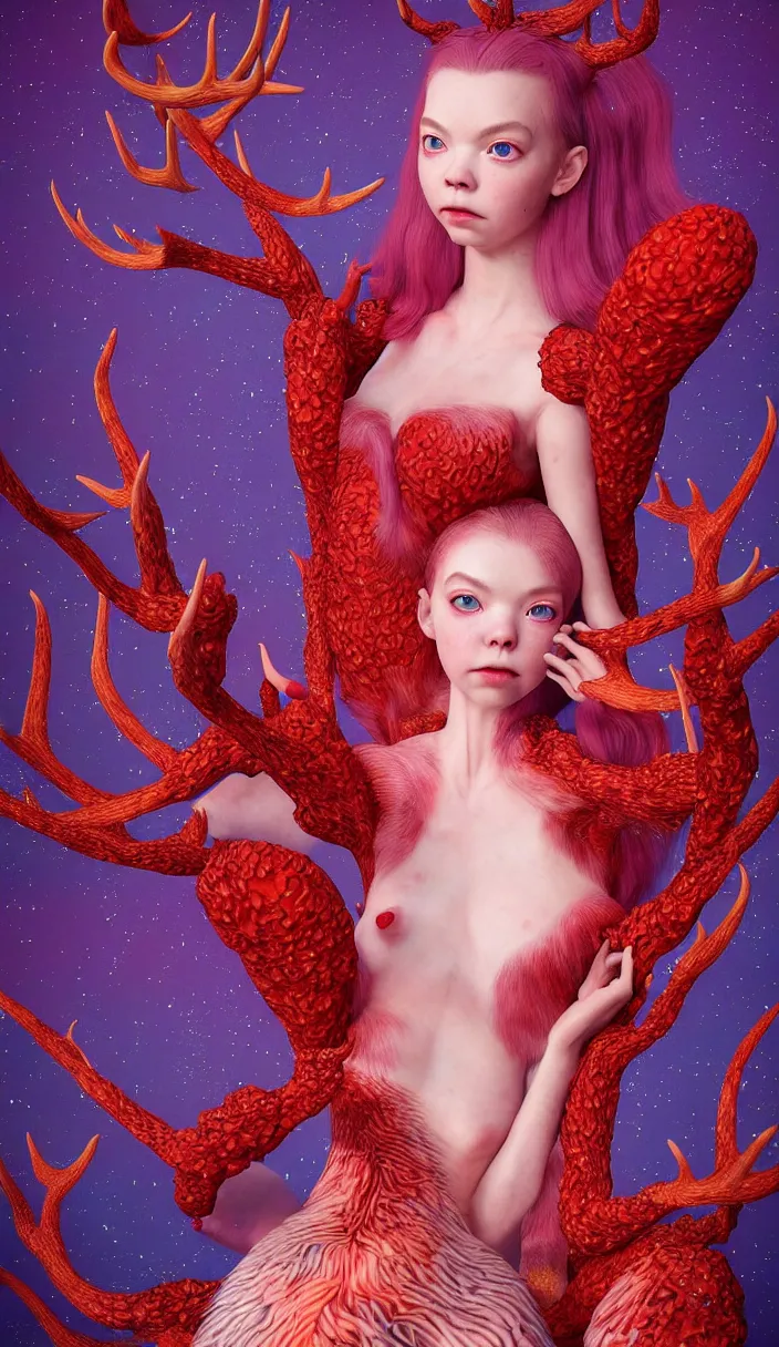 Prompt: hyper detailed 3d render like a Oil painting - kawaii full body portrait Aurora (a lithe beautiful ferret queen like skesis that looks like Anya Taylor-Joy with hooves and antlers) seen red carpet photoshoot in UVIVF posing in scaly dress to Eat of the Strangling network of yellowcake aerochrome and milky Fruit and His delicate Hands hold of gossamer polyp blossoms bring iridescent fungal flowers whose spores black the foolish stars by Jacek Yerka, Ilya Kuvshinov, Mariusz Lewandowski, Houdini algorithmic generative render, Abstract brush strokes, Masterpiece, Edward Hopper and James Gilleard, Zdzislaw Beksinski, Mark Ryden, Wolfgang Lettl, hints of Yayoi Kasuma, octane render, 8k