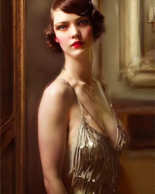 Image similar to daniel gerhartz and artgerm portrait digital realist painting of a 1 9 2 0 s beautiful woman at a party in a mansion, mansion interior in the background, unreal engine, hyper realism, realistic shading, cinematic composition, realistic render, octane render, detailed textures, photorealistic, ultrawide shot, 3 5 mm film