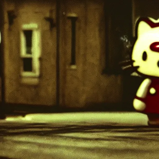 Prompt: film still of a hello kitty monster brandishing a knife standing on an empty street beneath a lamp, grainy, horror movie, creepy, eerie, dark, great cinematography, amazing lighting, found footage, grainy, directed by scott derrickson