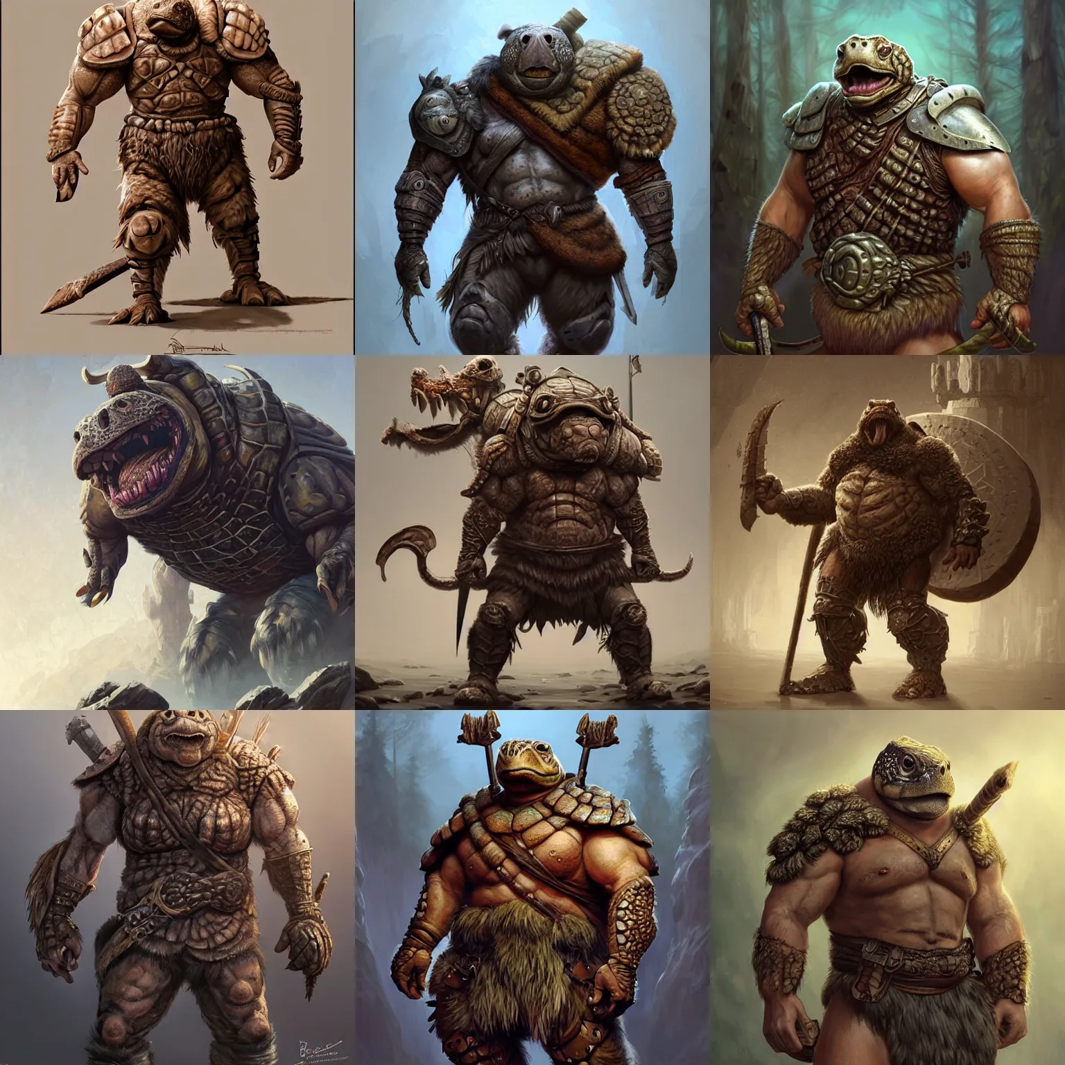 Prompt: anthropomorphic rugged turtle!!! oversized barbarian furry muscular armored upper body , oversized backshell, 👅 👅 , D&D, fantasy, intricate, elegant, highly detailed, digital painting, artstation, concept art, smooth, sharp focus, illustration, art by artgerm and beeple and greg rutkowski and alphonse mucha