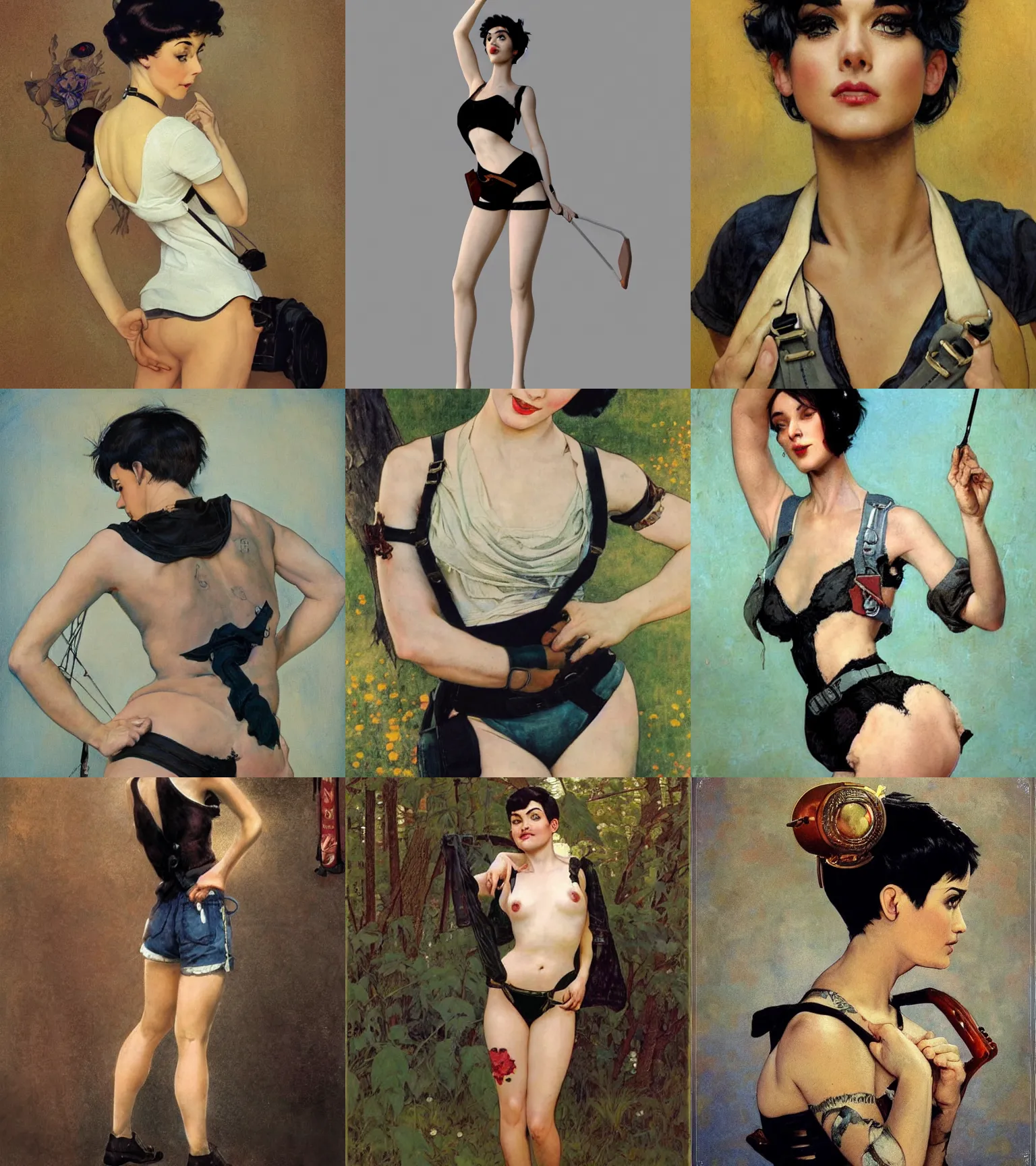 Prompt: a beautiful woman with black hair pixie cut in shorts with suspenders drawn by ruan jua, norman rockwell, frank frazetta, peter paul rubens, alphonse mucha, gustav klimt 4k, unreal 5, DAZ, french noveau, trending on artstation, octane render, hyperrealistic