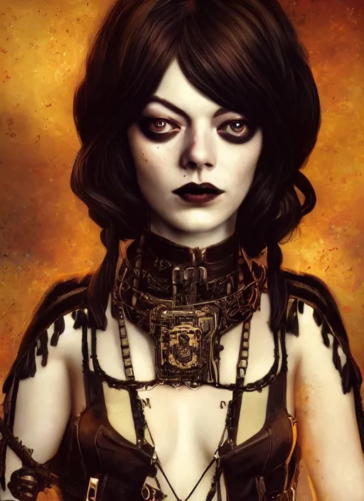 Prompt: dark goth gothic steampunk portrait of emma stone, hyper detailed, digital art, cinematic lighting, studio quality, smooth render, unreal engine 5, octane rendered, art style by klimt and nixeu and ian sprigger and krenz cushart.