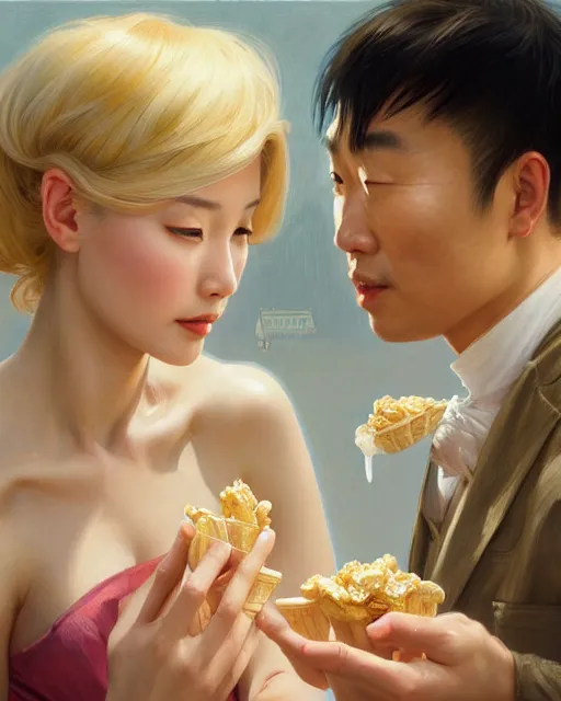 Image similar to Portrait of a  blonde lady and a Chinese man eating ice creams in Porto,real life skin, intricate, elegant, highly detailed, artstation, concept art, smooth, sharp focus, art by artgerm and greg rutkowski and alphonse mucha