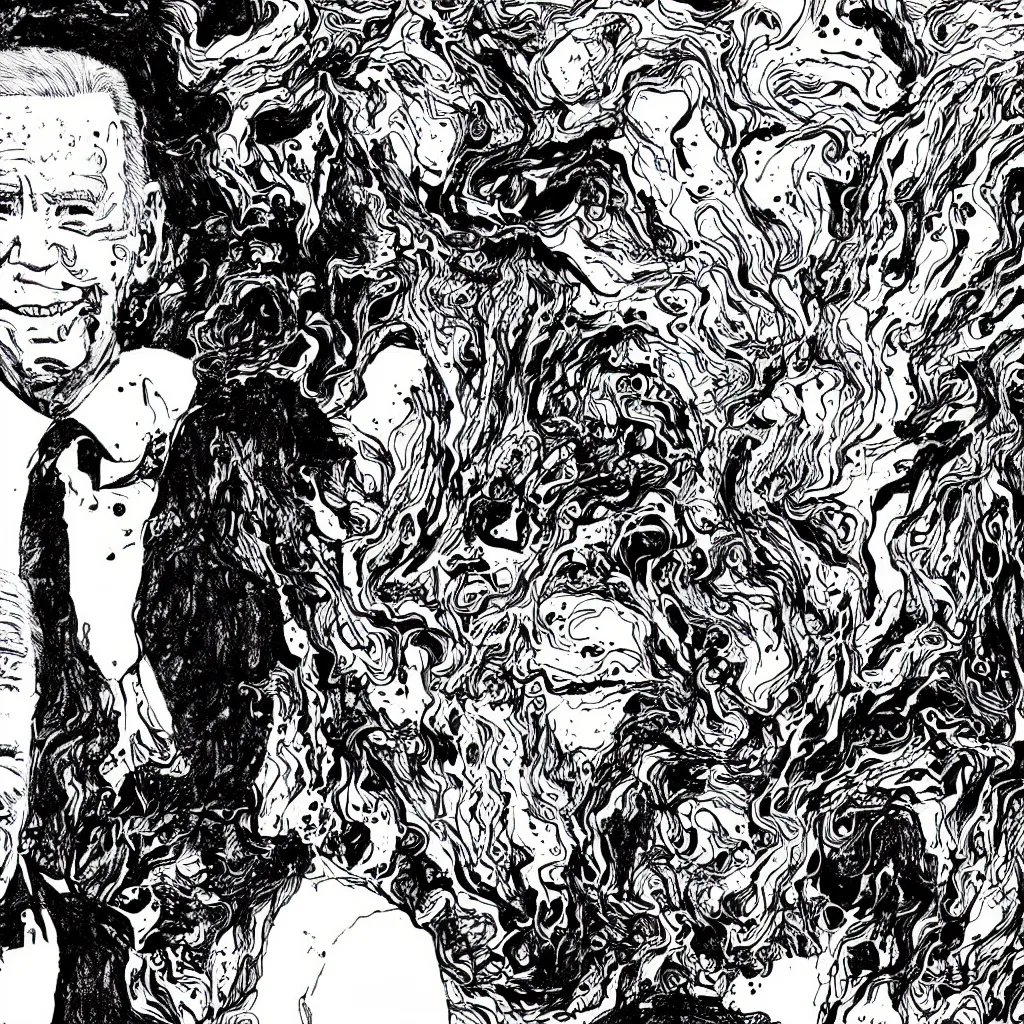 Image similar to Joe Biden full body portrait, body horror, black and white Illustration by Junji Ito