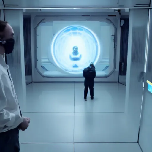 Prompt: VFX movie of a man observing a futuristic ai brain in a clean room, by Emmanuel Lubezki