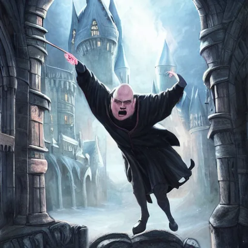 Image similar to a brilliant pig looking like harry potter, fighting against voldemort with magic in front of hogwarts, fantasy art, illustration, amazing detail, in the style of greg rutkowski, artgerm, cgsociety