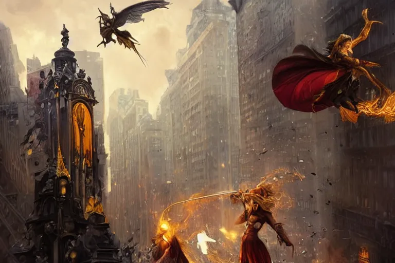 Image similar to Beautiful few sorcerers attacking people on streets with thunders in New York city , wide angle, magic, fire, face painting, dramatic lighting, intricate, wild, highly detailed, digital painting, artstation, concept art, smooth, sharp focus, illustration, art by artgerm and greg rutkowski and alphonse mucha, footage from space camera