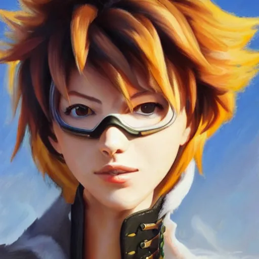 Image similar to oil painting of tracer overwatch in a field wearing very large leather belt choker collar around neck, in style of mark arian, expressive face, very detailed face, very detailed eyes, full body, feminine face, tracer overwatch,