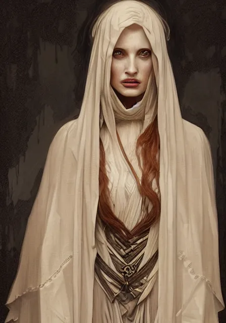 Image similar to sansa angeline jolie gessica chastain creepy mummy, intricate, elegant, highly detailed, digital painting, artstation, concept art, smooth, sharp focus, illustration, art by artgerm and greg rutkowski and alphonse mucha and william - adolphe bouguereau