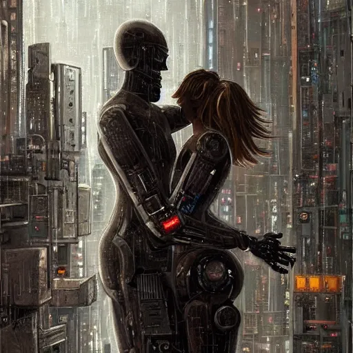 Image similar to a heartfelt unspoken love story between two robots overlooking a crumbling empty city, third person, cyberpunk, dystopia, rain, bittersweet, realism, painting