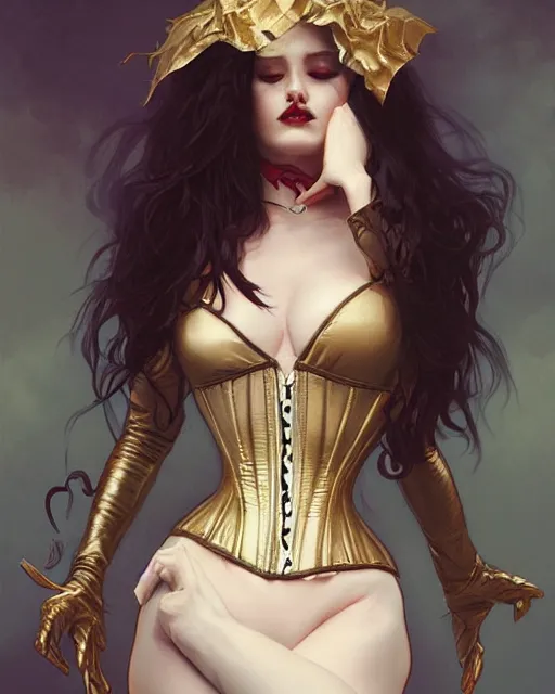 Prompt: female vampire, perfect face, gold corset, cinematic, stunning, highly detailed, digital painting, artstation, smooth, hard focus, illustration, art by artgerm and greg rutkowski and alphonse mucha