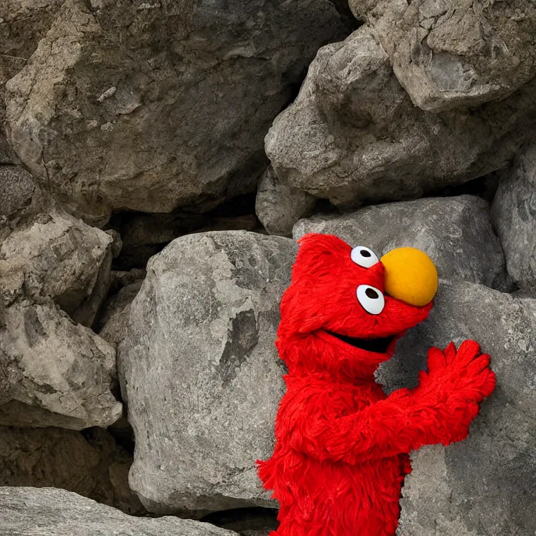 Prompt: Elmo fighting against a rock, photograph