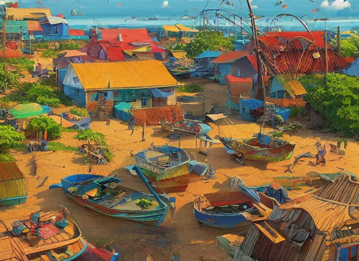 Prompt: kuala terengganu fishing village, summer morning, very coherent and colorful high contrast, art by gediminas pranckevicius, geof darrow, makoto shinkai, dark shadows, hard lighting