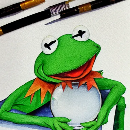 Prompt: Kermit the Frog trapped in a lightbulb, water color painting