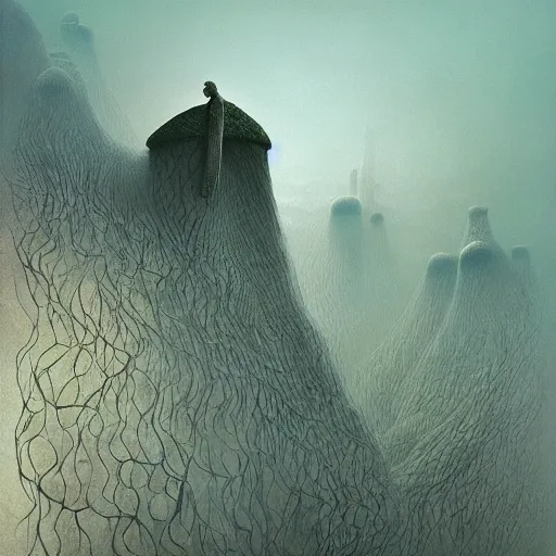 Image similar to dreams of splendor by zdzislaw beksinski and gediminas pranckevicius and tiffany bozic, cold hues, warm tone gradient background, concept art, beautiful composition, digital painting