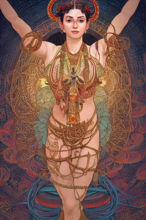 Prompt: an immaculate render of a dancing tribal goddess adorned with leaves and cables and bird wings, dancing in a temple surrounded by wild tentacles made from mandalas and incense smoke, full body, perfect face, powerful, cinematic, beautifully lit, by artgerm, by alphonse mucha, by android jones, 3 d, trending on artstation, octane render, 8 k