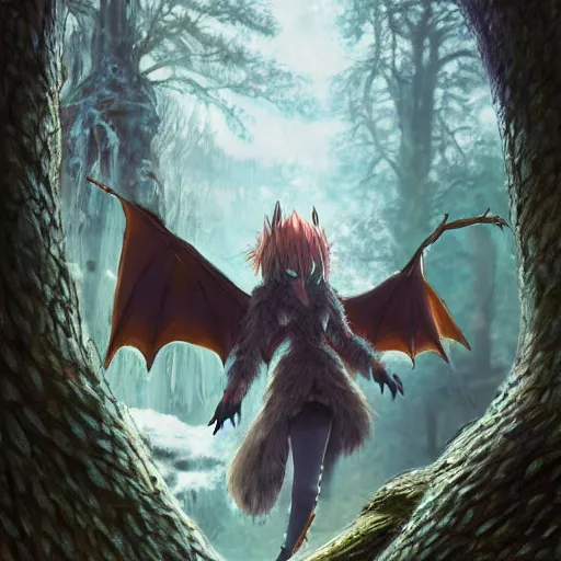 Image similar to cute anime dragon in cold forest, dnd character, background focus, fantasy, lizard legs, magic, realistic textured skin, big lizard head, eagle feather, eagle wings, glowing eyes, clear clean, byartgem, boris valejo, alexandra fomina artstation, by makoto shinkai, digital painting, beautiful