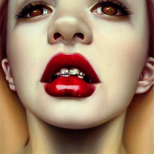 Prompt: “ hyperrealistic portrait of a beautiful woman, pale skin, red lips, tongue licking lips, drenched in honey by mike dargas ”