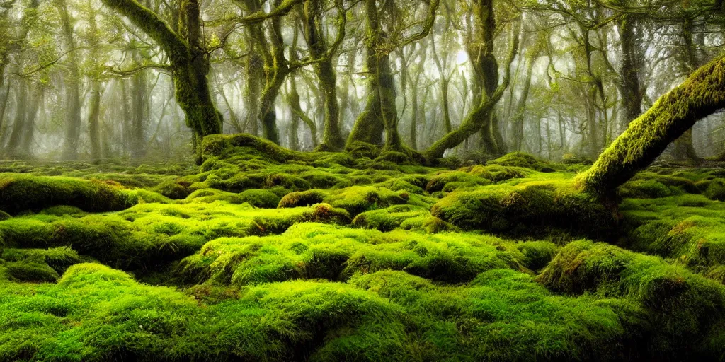 Image similar to gorgeous fields of moss landscape with glistening water, magical forest, brightly colored, magical, fantasy, landscape, beautiful, intricate details, highly detailed, sharp focus, concept art, digital painting, trending on artstation, still, screenshot, photo, photograph, in the style of Manuel Vormwald