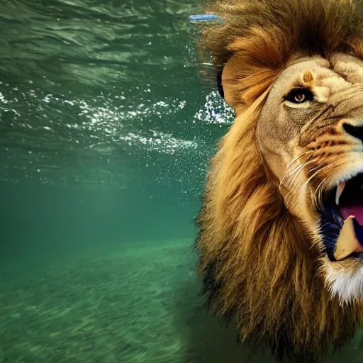 Prompt: photo of lion swimming in river, underwater