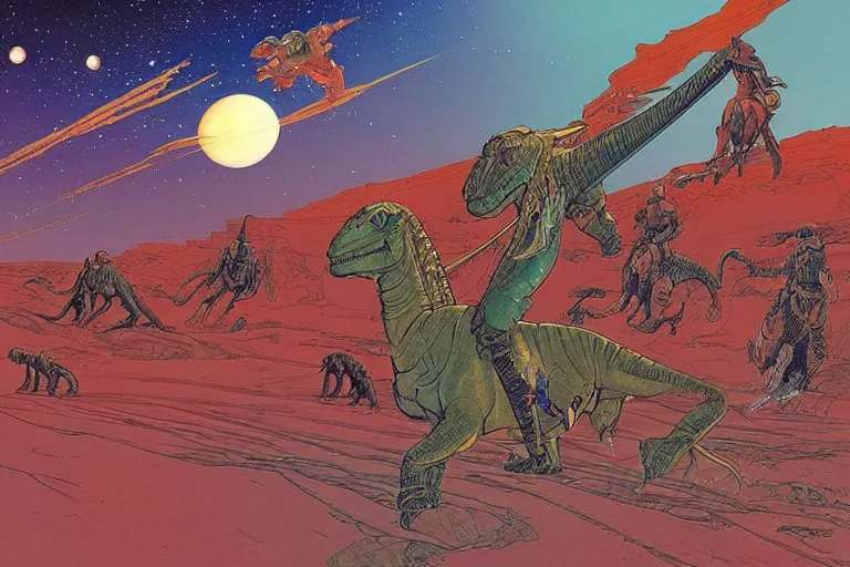 Image similar to beautiful amazons riding dinosaurs on mars against a backdrop of canyons, mercury rainbows in the sky and space fighters shooting, artwork by jean giraud