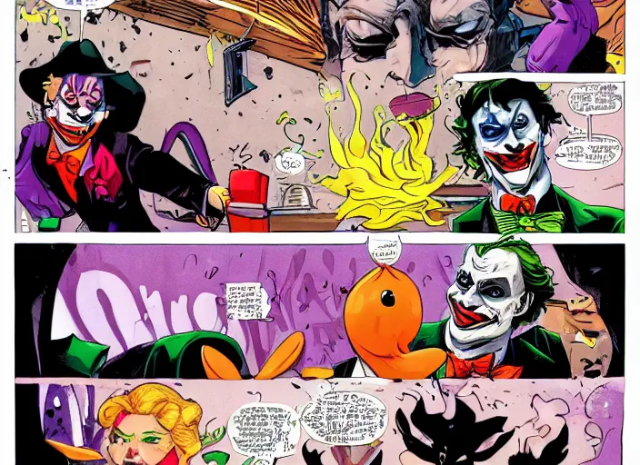 Prompt: the joker as a rubber duck walking away from an explosion with harley queen as a rabbit next to him