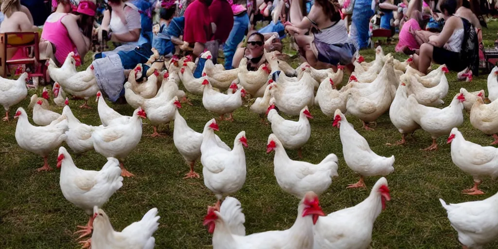 Prompt: music festival full of white chicken with drinks. only chicken, no humans. fowl festival.