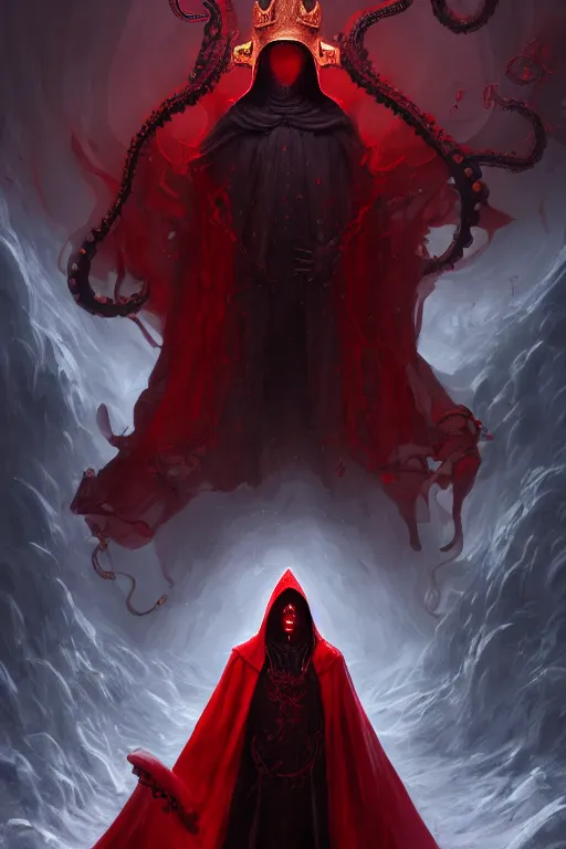 Prompt: A full body portrait of a mysterious character with no face with a very long hooded crimson red cloak, a golden crown floating above his head tentacles coming out the ground art by James Paick, and Shaddy Safadi, ominous, cosmic horror, trending on artstation, Ultra detailed, hyper realistic 4k