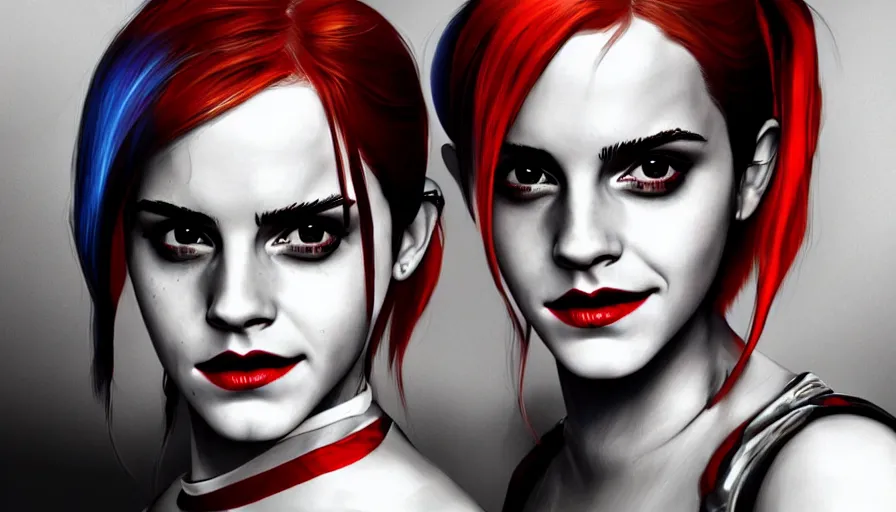 Prompt: Emma Watson is Harley Quinn, hyperdetailed, artstation, cgsociety, 8k