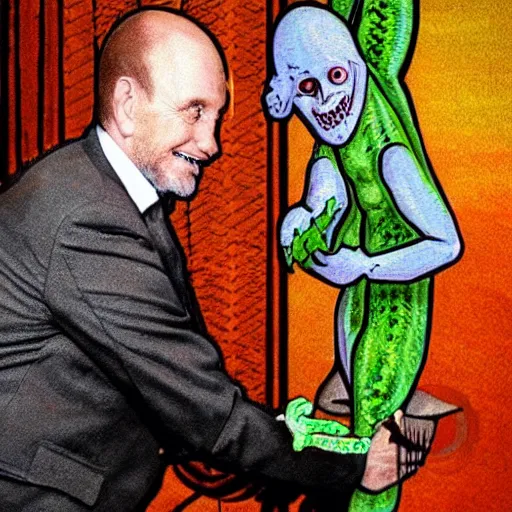 Image similar to A scary lizard person shaking hands with a religious icon, horror