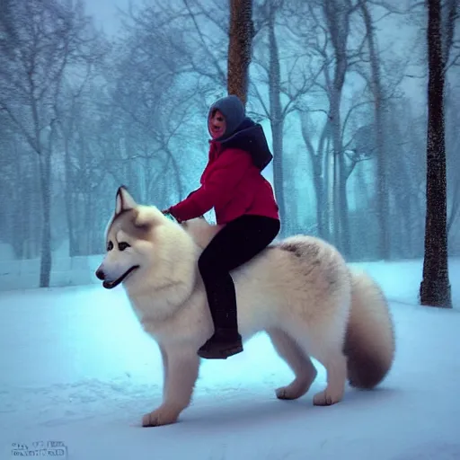 Image similar to girl riding a giant husky in the park, snow, trending on artstation