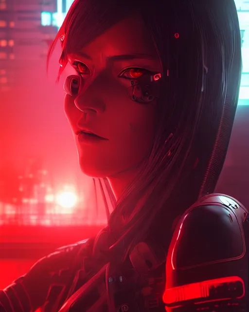 Image similar to a detailed potrait of a cyberpunk cyborg girl with black and red parts, perfect face, realistic shaded perfect face, detailed. night setting. very anime style. realistic shaded lighting poster by ilya kuvshinov katsuhiro, unreal engine, global illumination, radiant light, detailed and intricate environment