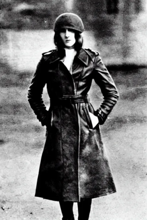 Image similar to photograph of soviet chekist comrade emma watson, standing in a long leather coat, vintage revolution photograph, famous photo from kgb archives