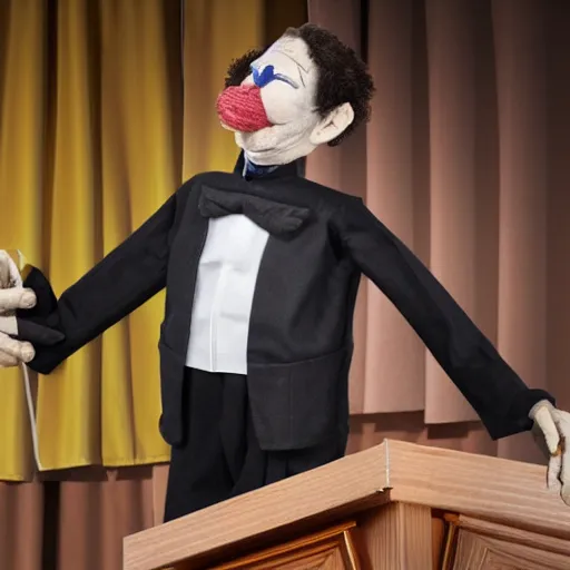 Image similar to mad puppeteer using marionette of a president in a podium
