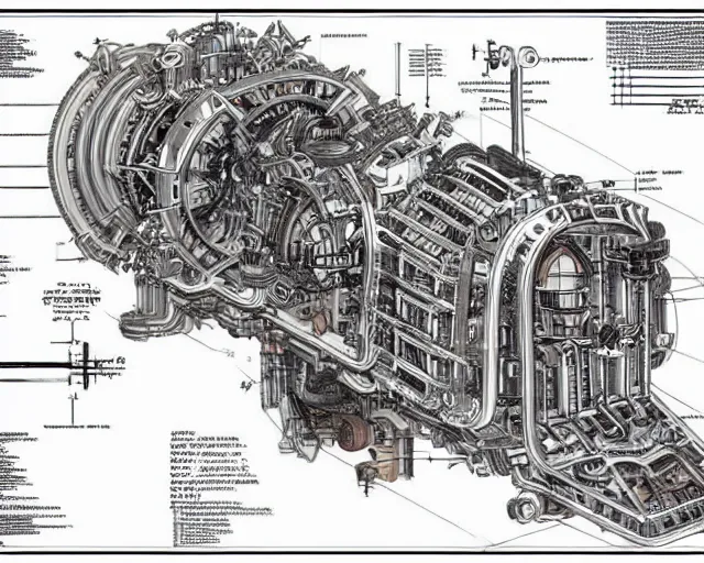 Image similar to a full page of a mechanical blueprint showing a simple cutaway design for a mechanized wolf from howl's moving castle ( 2 0 0 4 ), with people inside piloting it, muted colors, post grunge, studio ghibli, hq