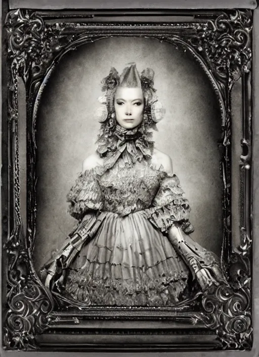 Image similar to old wetplate daguerreotype frame portrait of a futuristic silver armored marie antoinette cyborg, fractal, intricate, elegant, highly detailed, subsurface scattering, by jheronimus bosch and greg rutkowski and louis jacques mande daguerre