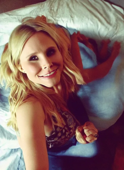 Image similar to ( first person view, my pov )!!!!!!!!, kristen bell on my bed looking at me, on my bed