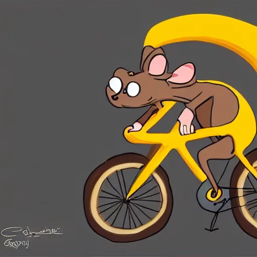 Prompt: digital painting of a cartoonish rat, it's riding a bike that is made of swiss cheese, bike looks like cheese greg rutowski, artstation