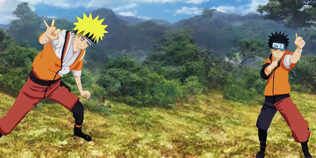 Image similar to naruto on konaha hill photo realistic