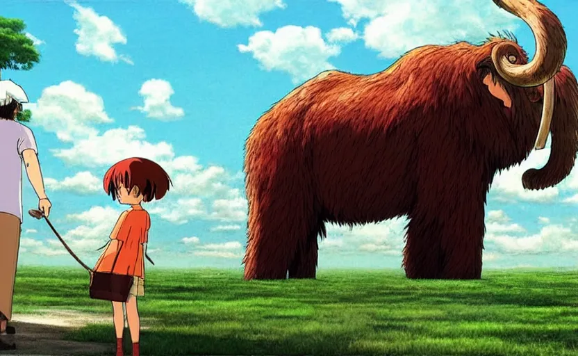 Image similar to a realistic cell - shaded studio ghibli concept art from paprika ( 2 0 0 6 ) of a giant wooly mammoth. very dull colors, wide shot, hd, 4 k, hq