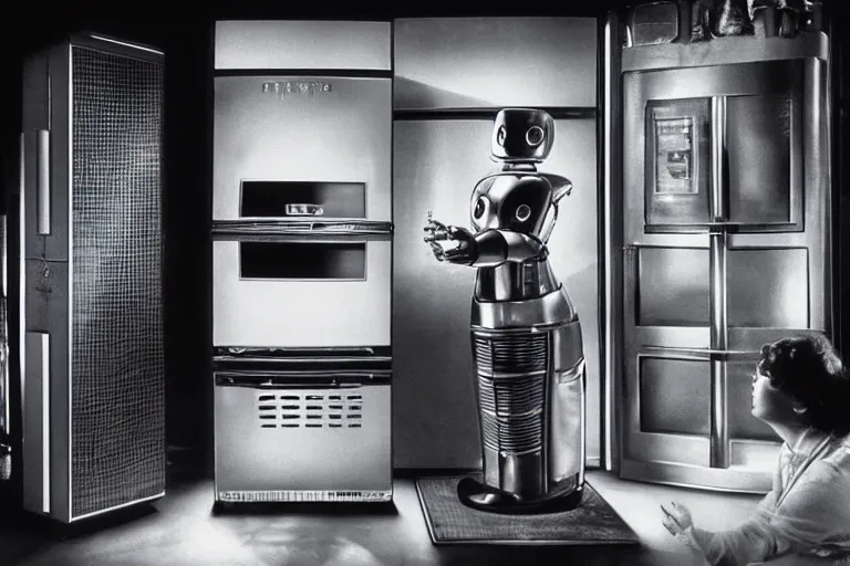 Prompt: a robot opening a fridge filled with water, from 1 9 8 5, bathed in the glow of a crt television, crt screens in background, low - light photograph, in style of chrome hearts